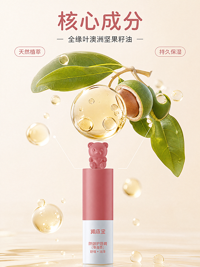 [主图-2]调皮宝护唇膏核心成分展示图
[氛围风格]专业科研感，纯净通透
[画质]超写实C4D产品渲染风格，Octane渲染，物理级渲染，画质清晰高级
[元素]护唇膏产品放置在画面底部居中，画面上半部分悬浮真实的全缘叶澳洲坚果籽油透明油滴和新鲜澳洲坚果叶片，用纤细浅色引线指向产品，直观展示核心成分。保持产品外观即物理结构、材质质感、颜色与输入产品图绝对一致，杜绝任何变形和色差。整体画面干净简洁，商品主体清晰突出
[光影]柔光箱均匀打光，突出油滴晶莹质感，产品轮廓清晰透亮
[配色]浅米色干净背景，油滴浅黄透明色，叶片自然绿色，点缀产品本身的红紫配色，整体协调舒适
[视角构图]平视构图，产品在下方，成分元素在上部分层展示，不遮挡主体
[文字版式]画面顶部居中放置大字主文案“核心成分”，下方小字“全缘叶澳洲坚果籽油”，左侧小标签标注“天然植萃”，右侧小标签标注“持久保湿”，文字排版简洁不杂乱，清晰易读
[比例分辨率]3:4比例，4k分辨率，文字清晰可辨，超高清
[负向提示词]变形，水印，文字错乱，产品图模糊，背景杂乱，遮挡主体