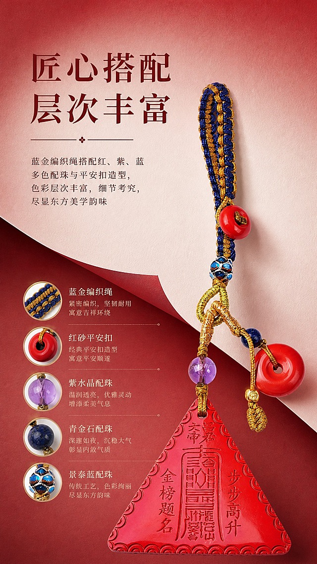 淘宝天猫电商详情页卖点图，9:16竖版，高级渐变白红纸质背景，酒红渐变调，风格统一。卖点主题：搭配设计·多色点缀。画面展示挂绳细节，蓝金编织绳、红砂平安扣、紫水晶配珠、青金石配珠、景泰蓝配珠（保持原样）。文字：大标题"匠心搭配 层次丰富"，正文"蓝金编织绳搭配红、紫、蓝多色配珠与平安扣造型，色彩层次丰富，细节考究，尽显东方美学韵味"，配珠串图标和编织绳纹图标。精致排版，符合天猫规则。