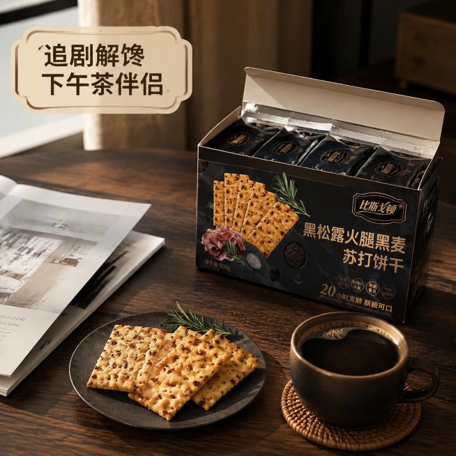 [主图-4] 下午茶休闲场景食用展示主图；商业摄影质感，生活氛围感强；元素：打开的饼干包装盒摆放在深色木质餐桌，盘子里放着几块苏打饼干，搭配一杯黑咖啡，旁边放一本打开的杂志，营造休闲下午茶场景，保持产预览效果