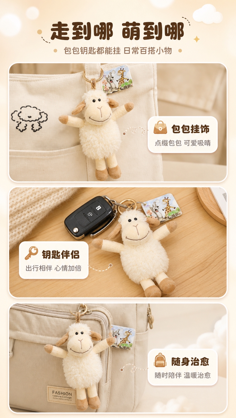[商品] 使用【图1】米白短腿小羊挂件；保留小羊造型、白色毛绒… - 图片创意预览
