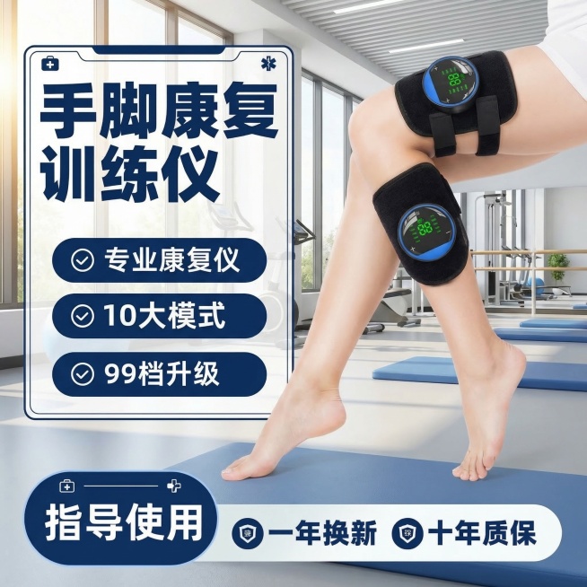 保持康复训练仪产品图不变，调整模特肢体为自然伸展的康复训练动作，模特皮肤增白自然，背景改为明亮的康复中心环境，保留所有原有卖点文字，调整文字颜色和框架模板为专业医疗风格，和原图比例一致预览效果