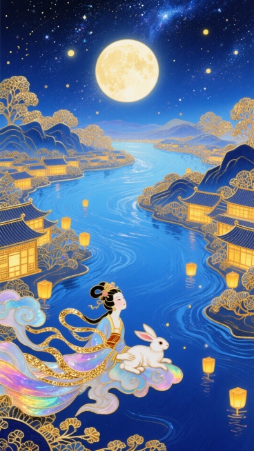 梦幻奇幻风格，全景，近景是嫦娥抱着玉兔驾着祥云，中间是蓝色的河流 ，河流两边是万家灯火，中间偏上是巨大的发光满月，超现实的星空河流世界，梦幻感，色彩以深邃蓝、暖黄为主，搭配金色点缀。预览效果