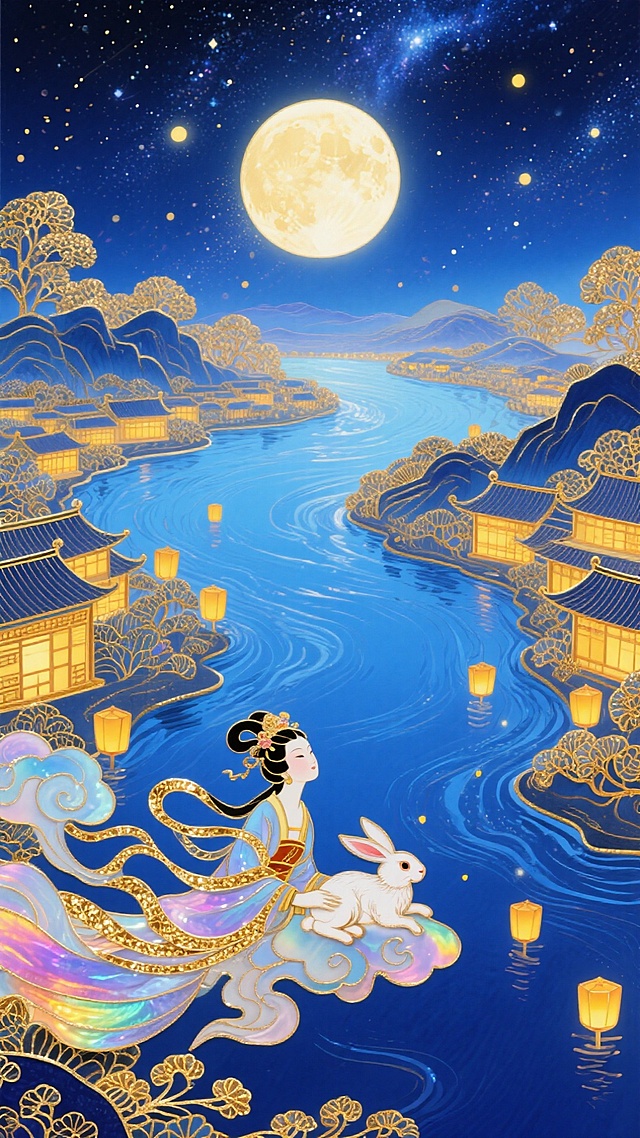梦幻奇幻风格，全景，近景是嫦娥抱着玉兔驾着祥云，中间是蓝色的河流 ，河流两边是万家灯火，中间偏上是巨大的发光满月，超现实的星空河流世界，梦幻感，色彩以深邃蓝、暖黄为主，搭配金色点缀。