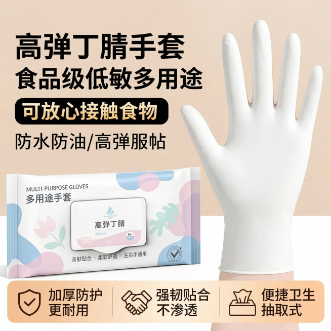基于提供的丁腈手套产品图生成1:1主图首屏，保留原产品包装和手套展示，顶部大字文案“高弹丁腈手套 食品级低敏多用途”，左下角产品包装袋，右侧珍珠白丁腈手套展开展示，底部三个卖点标签：加厚防护更耐用 强预览效果