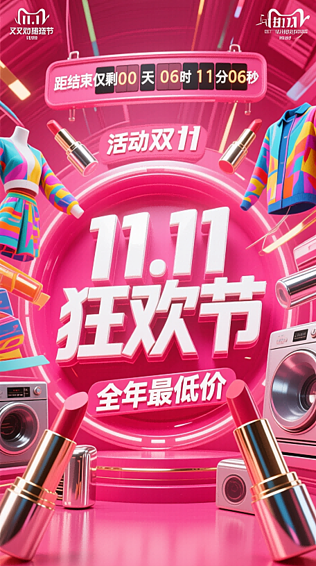 以鲜艳红粉色为主色调，中心是醒目白色 “11.11 狂欢节” 大字，周围围绕着口红、服饰、家电等商品元素，“全年最低价” 促销文字，上方有活动倒计时牌”距结束仅剩00天06时11分06秒“，尽显双 11 促销的火热与吸引力。