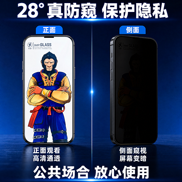 [主图-2] 核心价值 28°防窥效果对比 左右分屏展示防窥前后差异。
[统一基调] 抖音风格 强视觉冲击 科技蓝白主色调 深蓝标题字 白色辅助字 蓝色强调色 粗黑无衬线字体 圆角卡片 高清商业摄影质感 1:1正方形构图。
[画面] 左右分屏对比构图。左侧为正面视角「正面清晰」：手机贴了RUIY猩猩钢化膜，正面观看屏幕内容清晰明亮，猩猩IP形象在屏幕上清晰显示。右侧为侧面视角「侧面防窥」：同一手机从28°侧面观看，屏幕变黑看不清内容，用深色遮罩表现防窥效果。中间用一条竖线分割，上方标注「正面」与「侧面」。手机为黑色直板全面屏造型。产品膜的边缘弧边清晰可见。
[光影质感] 商业摄影质感 屏幕发光效果真实 左右两侧光线一致 对比条件统一 手机有金属边框光泽 底部有投影。
[配色] 背景深蓝渐变 左侧屏幕区域明亮 右侧屏幕区域暗化 标题白色 强调色亮蓝 对比强烈。
[文字版式] 画面顶部大字主标题「28° 真防窥 保护隐私」 左侧下方小字「正面观看 高清通透」 右侧下方小字「侧面窥视 屏幕变暗」 底部一行「公共场合 放心使用」 文字均为白色粗体 放在负空间不遮挡手机主体。
[输出要求] 1:1比例 2K分辨率 对比效果明显 产品清晰 文字清晰 无变形 无错字 无水印 无平台Logo。