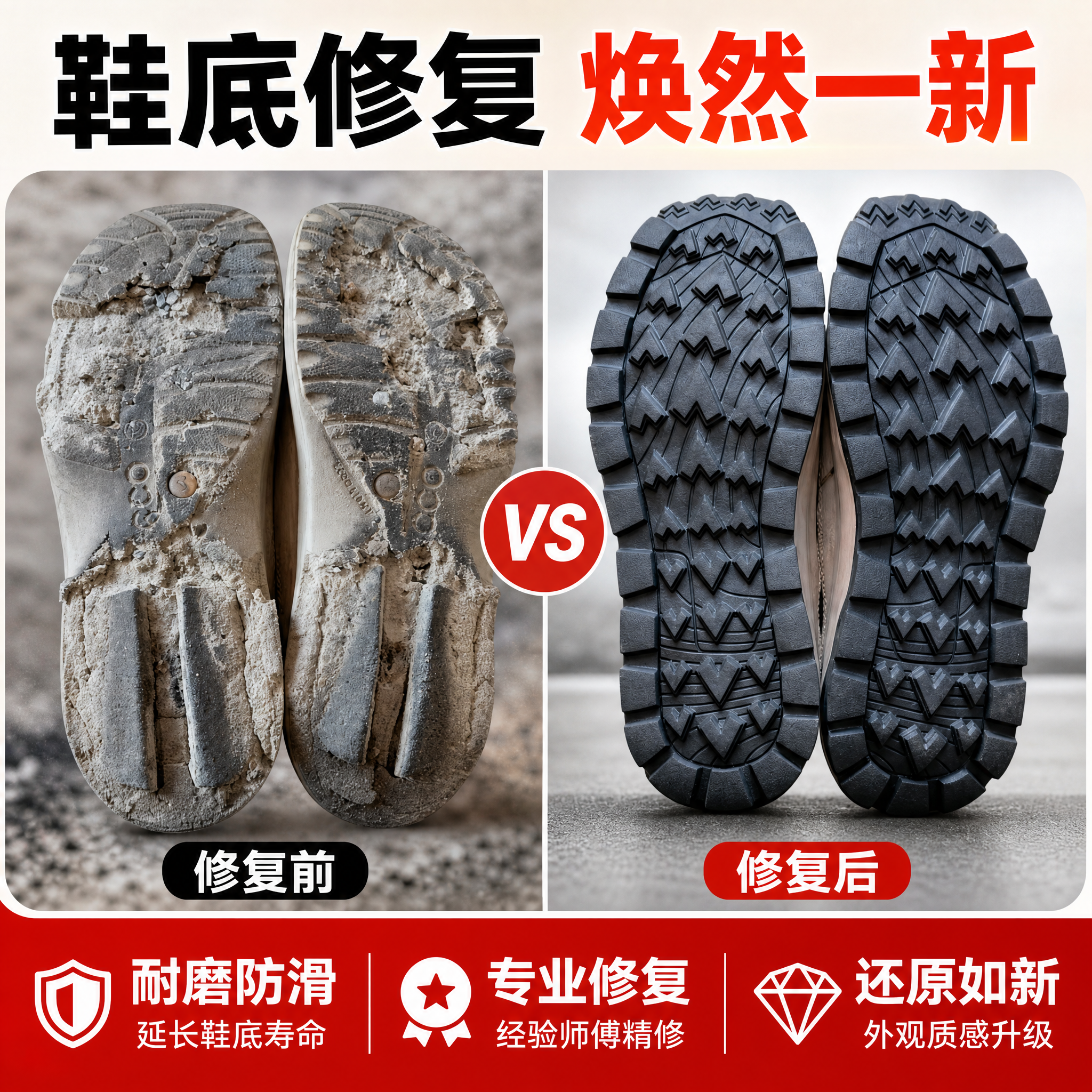 电商主图，1:1正方形，鞋底修复服务产品主图，左右分屏对比构图… - 图片创意预览