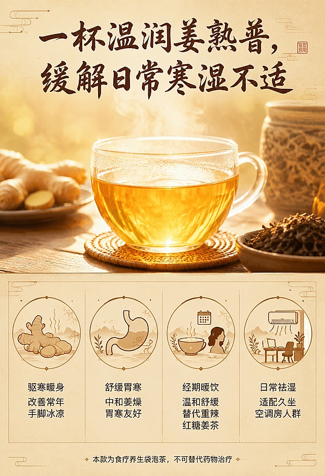 # 小黄姜普洱详情页分段单图极简交付版（750px宽，每段独立一张，直接发美工）
统一视觉标准
尺寸：宽750px，单张高800–1200px
色调：宣纸复古棕底+暖姜黄柔光
字体：大标题粗国风书法；卖点细黑体
合规：不提药效，只讲食疗体感、饮用感受
素材：实拍为主，简约国风线稿辅助

## 图1｜首屏黄金海报（详情首屏）
主标题：百年非遗沱茶老字号 罗平小黄姜×5年无量山熟普
副标题：无糖温和姜熟普，专为体寒胃寒人群调配
痛点小字：手脚冰凉｜经期不适｜空调体寒｜胃寒怕辣茶
角落标签：中华老字号·线下门店同步在售
配图：完整国风礼盒+通透暖茶汤居中

## 图2｜痛点直击图（唤醒需求）
大标题：常年体寒胃寒，喝茶总踩这些坑？
四宫格分点+红叉：
1. 熏硫姜茶：辛辣烧心，喝完胃刺痛
2. 廉价碎普洱：茶梗杂料，苦涩伤胃
3. 含糖养生茶：糖分高，经期/控糖不敢喝
4. 简易拼凑款：姜片碎茶混合，风味割裂
收尾文案：百年老字号专属复配姜熟普，一次性解决全部困扰
配图：4组对应踩坑劣质茶实拍对比小图

## 图3｜品牌信任背书图
大标题：沱茶创始中华老字号，非遗制茶代代传承
3个核心卖点短句：
1. 百年制茶底蕴，持有官方非遗制茶资质
2. 全国线下实体门店同步售卖，同源同款品质
3. 坚守古法工艺，不靠添加剂堆砌口感

## 图4｜原料①罗平小黄姜板块
大标题：罗平核心产区小黄姜｜姜来无忧头部企业直供
三点绿色对勾卖点：
✅山地原生老姜，无熏硫加工，农残严控
✅低温干姜精细研磨，姜香柔和不呛辣、不烧心
✅天然原材，无工业硫磺、调味添加
配图：罗平姜田实景、整块老姜、细腻干姜粉微距特写

## 图5｜原料②无量山5年熟普板块
大标题：无量山高山5年陈普洱 古法渥堆特级熟普
三点绿色对勾卖点：
✅高山老树茶料，5年自然陈化，拒绝新茶碎渣
✅传统古法渥堆发酵，茶汤绵柔不苦不涩
✅完整茶料配比，无粗老茶梗，汤色透亮
配图：无量山茶园远景、陈年干茶、渥堆简易线稿、冲泡茶汤

## 图6｜四大食疗温润优势（转化核心）
大标题：一杯温润姜熟普，缓解日常寒湿不适
四宫格国风图标短句：
1. 驱寒暖身：改善常年手脚冰凉
2. 舒缓胃寒：中和姜燥，胃寒友好
3. 经期暖饮：温和舒缓，替代重辣红糖姜茶
4. 日常祛湿：适配久坐空调房人群
底部小字温馨提示：本款为食疗养生袋泡茶，不可替代药物治疗
配图：暖黄色茶汤主视觉，搭配4个简约国风暖饮图标

## 图7｜0蔗糖零添加 全人群安心喝
大标题：无糖无添加，多类人群放心饮用
红叉划除标识：❌蔗糖 ❌香精 ❌防腐剂 ❌人工调味
四类适配人群短句：
▫️减脂控糖人群：零糖无负担，替换甜饮料
▫️经期忌甜女生：温和暖身无糖分负担
▫️中老年养生：清淡天然，日常饮用无压力
▫️胃寒茶友：天然本味，饮用不烧心
配图：纯白极简冲泡实拍，干净无多余杂物

## 图8｜全场景全天可冲泡
大标题：多场景随身暖饮，一年四季适配
四格场景实拍：
1. 晨起暖胃：早起温水冲泡唤醒肠胃
2. 办公常备：空调房驱散体内寒湿
3. 经期暖饮：温水慢泡舒缓不适
4. 饭后解腻：吃完油腻温润解腻
补充小字：沸水、温水、冷水均可泡，30秒快速出汤
配图：居家、办公室、女生桌面、秋冬窗边生活实拍图

## 图9｜产品规格+国风礼盒包装
大标题：3g独立袋泡｜一盒12包 自用送礼两相宜
规格文字：单袋3g三角茶包，12袋/盒，一盒可饮用12天
包装三大优势：
1. 复古老字号国风礼盒，送礼体面大气
2. 独立密封茶袋，锁鲜防潮不串味
3. 轻薄小袋，通勤出差随身便携
配图：整盒礼盒全景、散开独立茶包、单袋手持、礼盒送礼摆放效果图


## 图10｜简易冲泡步骤指南
大标题：30秒快速出汤，冷热双泡都方便
四步短句：
1. 取1袋小黄姜普洱放入杯中
2. 倒入80–100℃热水，冷水可延长浸泡
3. 静置30秒–3分钟，茶汤金黄透亮即可
4. 一袋可反复续水2–3次
小贴士：体寒怕冷推荐热泡，温润效果更佳
配图：4步实拍分步冲泡示意图

## 图11｜售后福利保障板块
大标题：附赠专属试喝装，先试后买无压力
3条售后保障：
1. 每盒搭配试喝装，体验不满意支持售后
2. 百年老字号线下同质货源，品质稳定统一
3. 包装破损、漏包免费补发
配图：礼盒+试喝装组合实拍

## 图12｜底部收尾促单海报
主标题：百年非遗小黄姜熟普 无糖温润驱寒暖胃
引导短句：体寒、经期、上班族四季养生常备
底部CTA大字：立即下单，囤足全年暖身好茶
侧边标签小字：中华老字号｜无硫原料｜0蔗糖配方｜附赠试喝
配图：礼盒+试喝装全景暖调氛围感图

## 图13｜产品基础信息（详情最底部，平台必填）
标题：产品基础参数
产品名称：中华老字号非遗小黄姜普洱袋泡茶
配料：罗平干姜、无量山5年熟普
规格：3g×12袋/盒
储存：阴凉干燥处避光存放
保质期：48个月
资质：SC食品生产许可证
适宜人群：经期女性、体寒中老年、空调上班族、胃寒饮茶人群
不适宜人群：严重上火人群；孕期遵医嘱；婴幼儿不建议饮用
冲泡方式：温水/沸水冲泡，30秒出汤
配图：简约白底文字排版，无需复杂大图