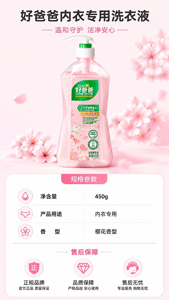 [第8屏] 规格参数与售后保障屏，展示产品规格并做信任背书，本屏使用【图1】作为商品主体。
[氛围/风格] 简洁规整风格，淡粉色背景，清晰信息呈现，信任感
[元素布局] 产品主体放在画面上方，占比约40%，下方参数信息卡清晰列出产品关键参数与售后保障信息，保留产品外观颜色与原图一致，排版规整
[光影质感] 均匀柔和打光，整体明亮干净，信息清晰易读
[配色色系] 全局底色 #FFF5F8，主色淡粉色，白色信息卡，黑色文字
[视角构图] 上产品下信息，居中对称构图，清晰规整
[文字版式] 主标题「好爸爸内衣专用洗衣液」，参数区域清晰列出：净含量450g、内衣专用、樱花香型，底部标注「正规品牌 品质保障 售后无忧」，文字排版整齐，清晰可读
[比例分辨率] 9:16竖版比例，宽度1080，高度1920，分辨率4K，文字清晰可辨，高清画质
[负向提示词] 参数错误，产品变形，文字模糊，水印，虚假宣传