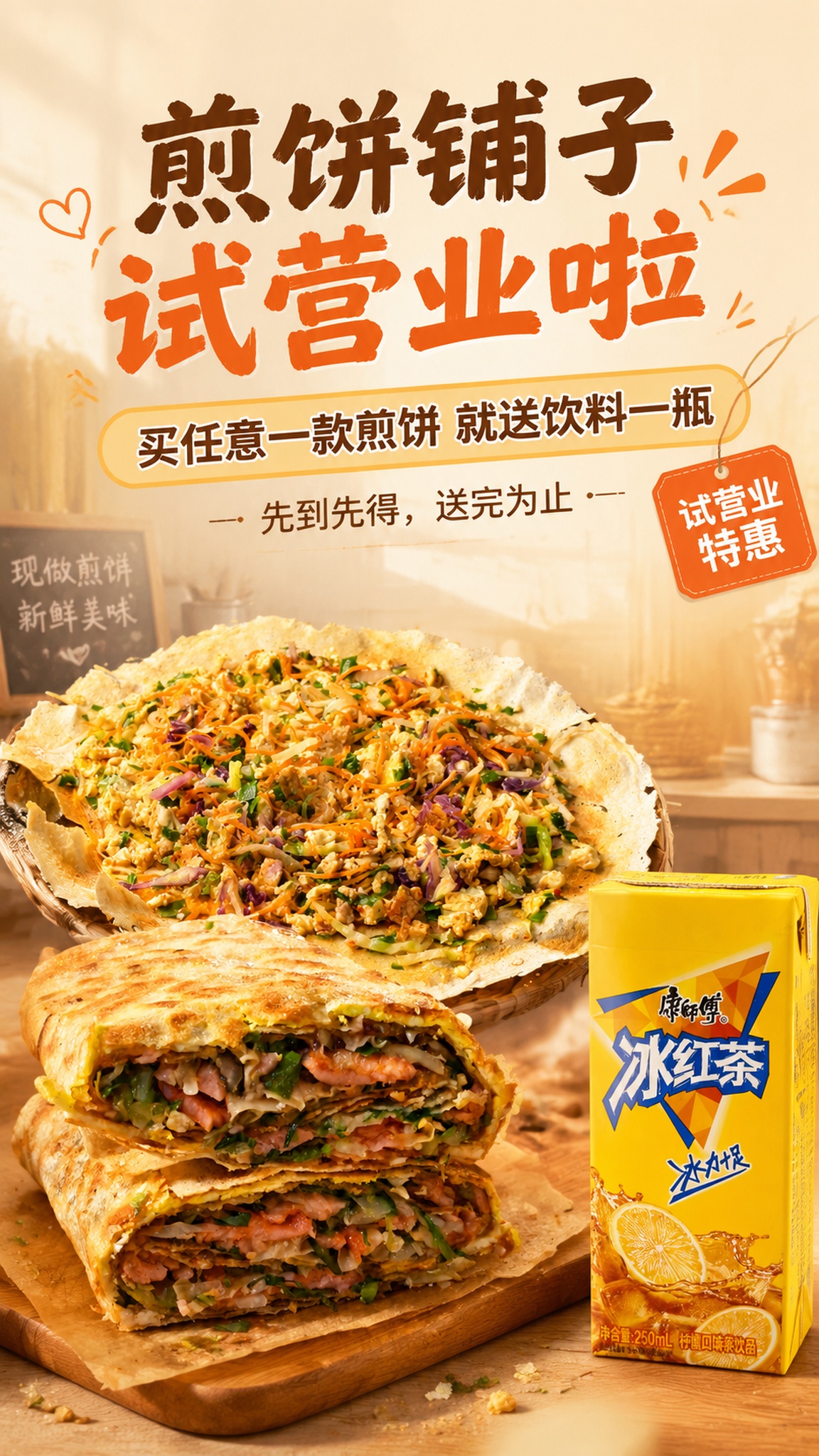 一张竖版9:16的煎饼铺子试营业促销海报，暖色系淡色底，温馨烟… - 图片创意预览