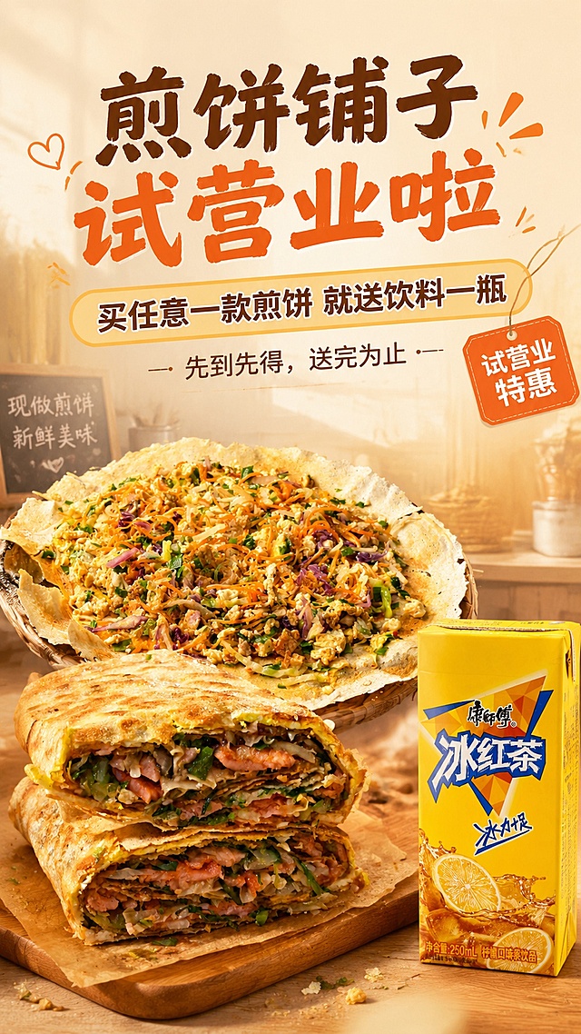 一张竖版9:16的煎饼铺子试营业促销海报，暖色系淡色底，温馨烟火气，食欲感满满。画面中下部展示两张煎饼产品图融合的丰盛煎饼主视觉（一张摊开满料的杂粮蔬菜煎饼+一块切开叠放的火腿肉煎饼，两者自然融合陈列，煎饼金黄酥脆，馅料丰富诱人），右下角搭配一瓶康师傅冰红茶饮料作为赠品展示，饮料包装100%还原上传图的外形、包装、LOGO、印刷文字、净含量。背景为浅暖米色渐变淡色底，柔和暖光从侧前方照射，营造温馨早餐店氛围。顶部大标题文字："煎饼铺子试营业啦"，副标题："买任意一款煎饼 就送饮料一瓶"，下方活动说明："先到先得，送完为止"，旁边加一个"试营业特惠"小标签。版式精美，文字清晰可读，主次分明，四周留安全边距，整体风格温暖亲切，充满市井烟火气。画面中所有数字必须精确渲染，不得错位、遗漏或编造。画面中所有信息区域必须填充完整合理的内容，不得出现空白框、空白占位。