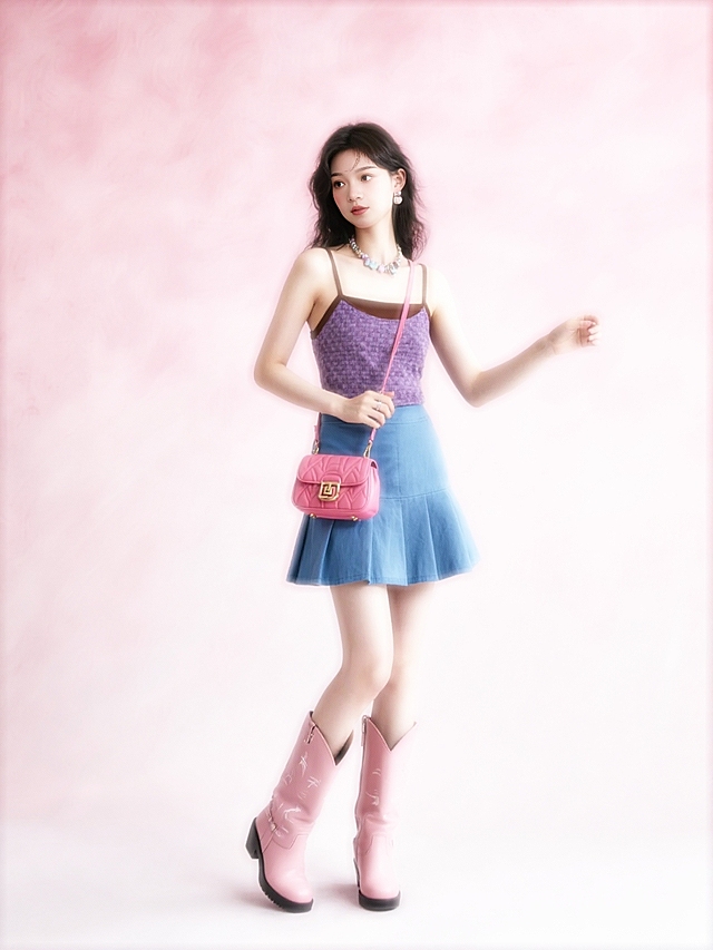 低饱和粉色纹理渐变背景，女人（紫棕纹理吊带搭配蓝色半身裙，粉色中筒靴，千禧年配饰，玫红色复古腋下包）动作舒展。看镜头。