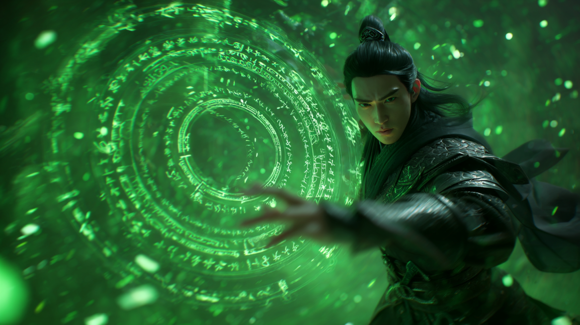 A cinematic 3D shot of a handsome Chinese male cultivator, black ponytail, sharp eyes. He wears orna预览效果