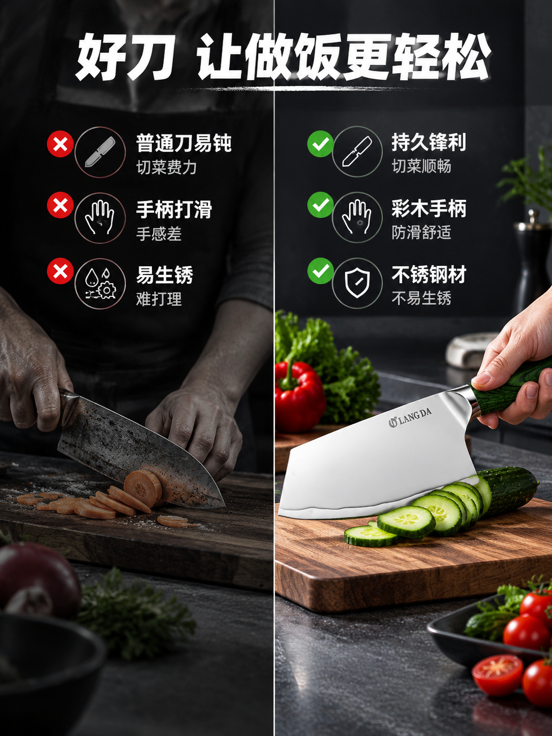 [商品] 使用【图2】LANG DA不锈钢菜刀，绿色彩木手柄；… - 图片创意预览