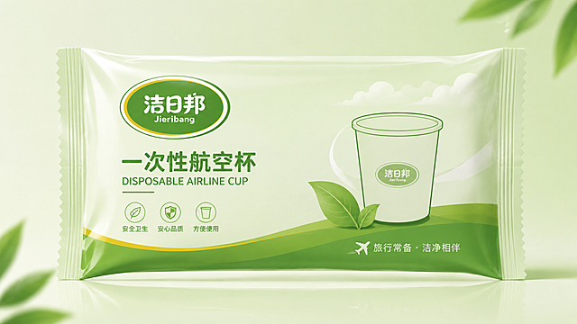 一次性航空杯塑料包装袋设计，参考洁日邦的绿色系风格，整体干净自然，包装布局简洁，包含"洁日邦"品牌logo，浅绿背景配色