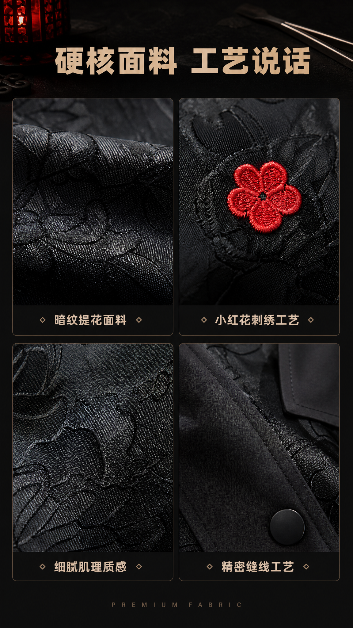 [第4张] 详情页面料工艺-新中式暗纹提花小红花刺绣翻领夹克面… - 图片创意预览