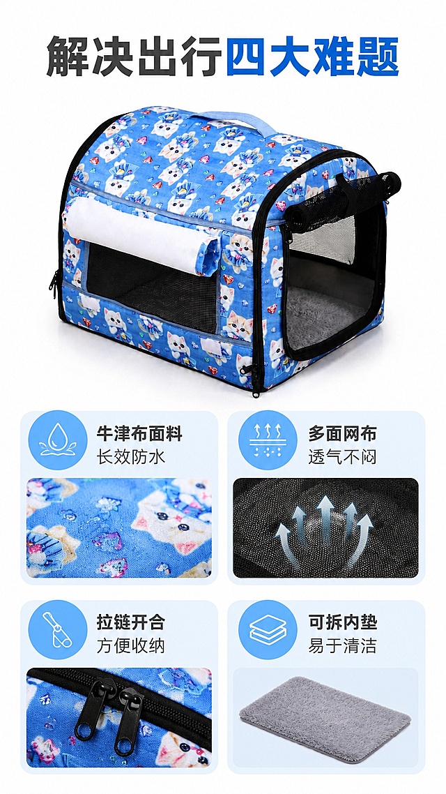 「图片1」，生成一套详情页，商品名称是宠物出行包，卖点是3D印花牛津布有很好的防水效果，拉链式设计方便拆洗收纳，正前方和两侧都是网布设计透气不闷热，内垫可以单独拆洗方便日常打理，尺寸是40*33*33cm（长宽高），材质：3D印花牛津布（外层防水）+ 记忆海绵 + 网布（正前方及两侧透气），颜色：蓝色猫咪款、米色兔子款、彩色动物款，适配淘宝/天猫平台，单图比例为9:16，需求屏数为8张。