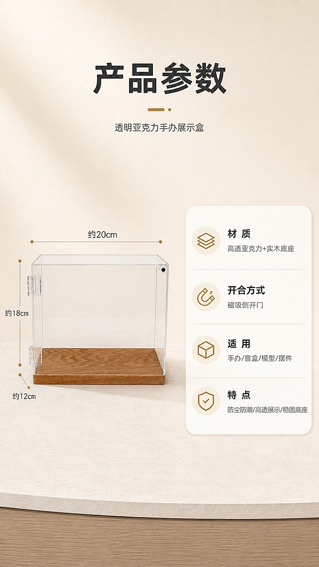 [商品] 使用【图7】透明亚克力手办展示盒（正面视角）；保留产品结构、比例、材质；产品置于画面左侧，作为标准展示。右侧放置参数信息卡。
[画面] 目标：规格参数页，清晰展示尺寸与材质信息。构图：左图右文，左侧产品占画面40%，正面标准视角，带尺寸标注线（长、宽、高）。右侧圆角信息卡列出详细参数。背景为浅米白渐变，简洁专业。
[视觉] 套系策略：风格=简约高级家居商业摄影；标题字=现代无衬线粗黑体；正文字=简洁无衬线体；主色=原木暖棕+透明清透感；背景延展=基于浅米白做深浅层级、同色渐变和细腻墙面/桌面质感；强调色=暖金色，仅用于小面积图标、引线和标签；标题色=深炭灰；正文色=中暖灰；组件=圆角浅底信息卡、细线引线、木质纹理装饰条；光影=正面均匀柔光。
[文字] 顶部主标题"产品参数"，信息卡内容：材质=高透亚克力+实木底座 / 开合方式=磁吸侧开门 / 适用=手办/盲盒/模型/摆件 / 特点=防尘防潮/高透展示/稳固底座。产品图上标注长宽高示意（用"约"字表述，不虚构精确数值）。文字全部横向排列，层级清晰。
[规格] 图片比例9:16竖版，4K，避免变形、错字、文字过小、参数虚构精确值、亚克力发雾。