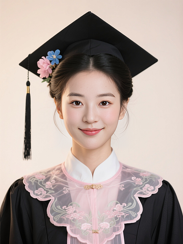 正面照，黑色古风垂挂髻，穿戴学士服学士帽，戴淡粉色透明刺绣云肩，学士帽旁边簪了粉蓝色的花，背景浅色，暖光