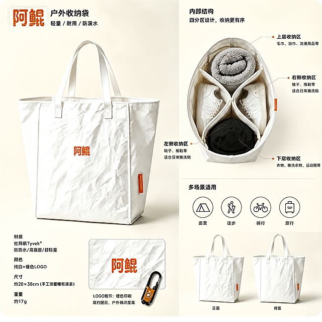 将图片右上角包内里左右两侧收纳区的白色鞋子，改为竖直放置，鞋头朝上，保持鞋子的款式和颜色不变，其他区域和文字保持原样