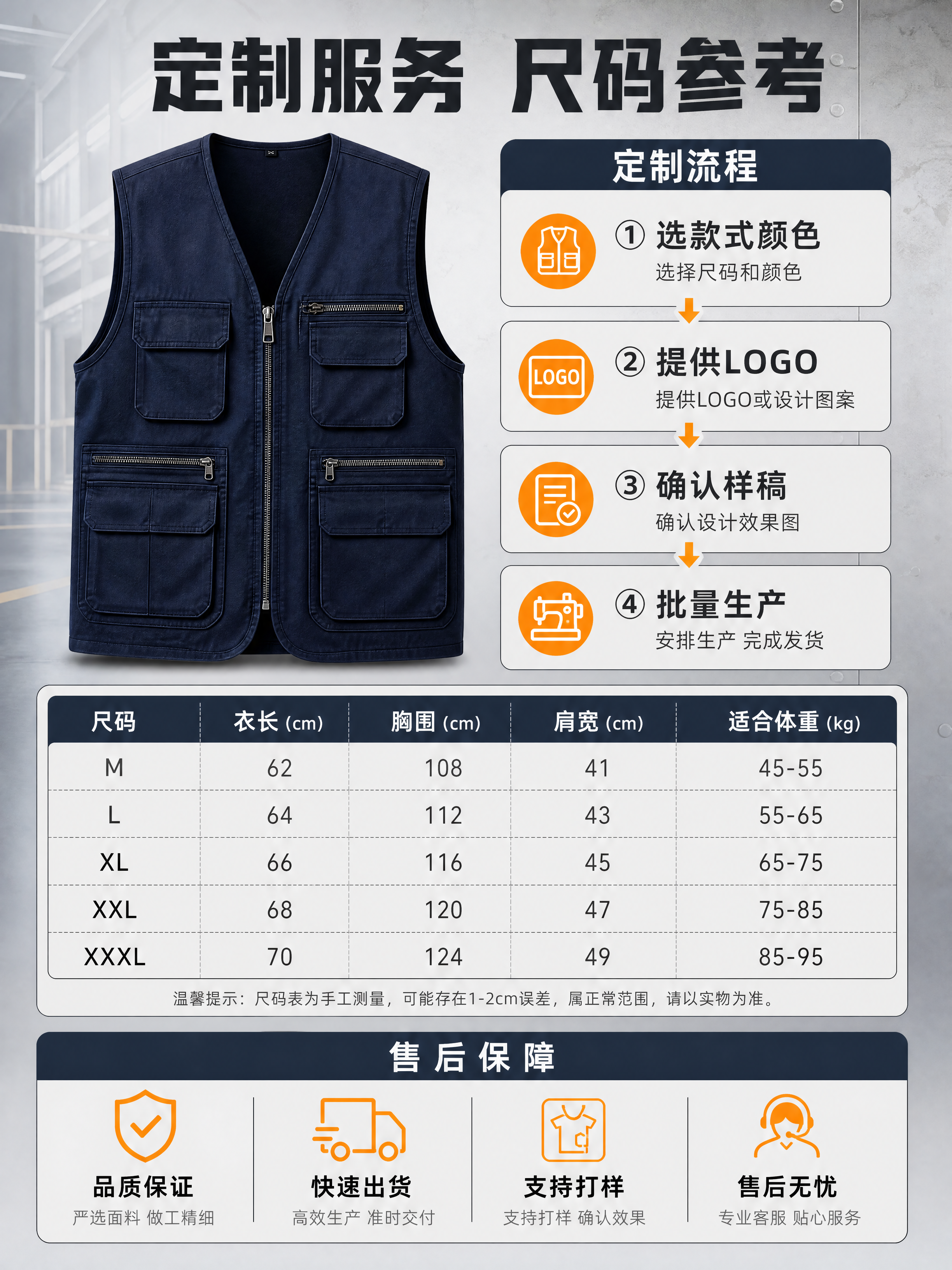 [商品] 工作服马甲定制通用模板；藏青色V领工装马甲，多口袋设… - 图片创意预览