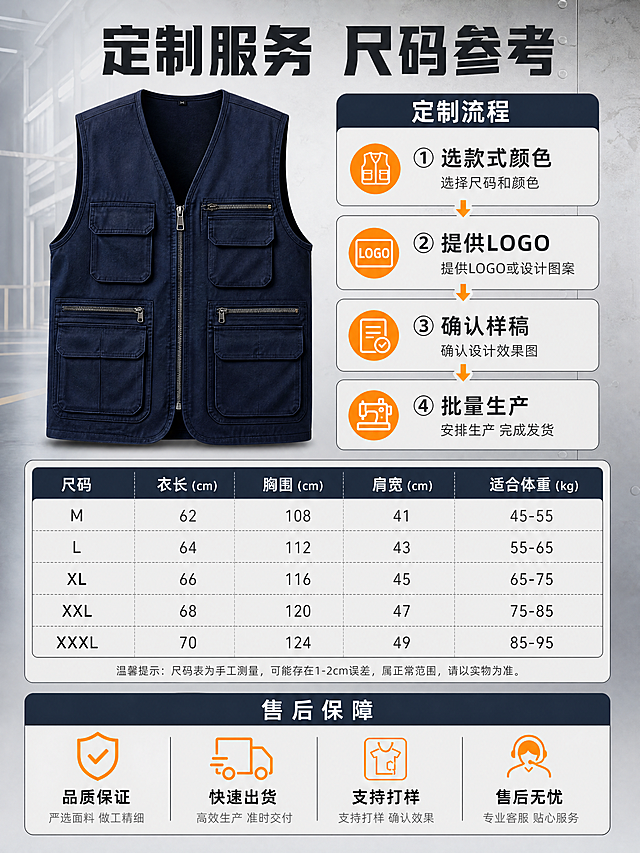 [商品] 工作服马甲定制通用模板；藏青色V领工装马甲，多口袋设计，拉链开合，耐磨面料；保留马甲整体结构、口袋布局、拉链、缝线工艺和颜色；自然理顺版型，增强面料纹理和五金质感，不改变版型结构。
[画面] 目标：定制服务与尺码表，收尾页促进转化。构图：上半部分左侧马甲正面展示（占35%），右侧定制流程说明（占65%）；下半部分尺码表+售后保障。背景：浅灰工业风背景，简洁专业。
[视觉] 套系策略：风格=工业工装风商业摄影，专业可信；标题字=粗黑体厚重有力；正文字=简洁无衬线体；主色=藏青+深灰；背景延展=基于藏青和深灰做工业质感渐变、金属冷灰调；强调色=橙黄色，仅用于小面积图标、引线和标签高亮；标题色=深炭灰；正文色=中灰；组件=圆角信息卡、表格线、流程箭头图标；光影=均匀柔光，信息清晰可读。
[文字] 顶部主标题：定制服务 尺码参考。上半部分定制流程四步：①选款式颜色 ②提供LOGO ③确认样稿 ④批量生产（配箭头流程图标）。下半部分尺码表：M/L/XL/XXL/XXXL 五码，列衣长/胸围/肩宽/适合体重。底部售后保障：品质保证、快速出货、支持打样、售后无忧（四图标）。所有文字横排，表格清晰。
[规格] 图片比例3:4竖版，4K分辨率，避免变形、错字、文字过小、表格模糊、颜色失真。