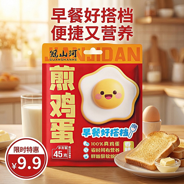 早餐即食煎鸡蛋拼多多主图，产品保持原图包装外观不变，背景为厨房早餐台，搭配牛奶面包，营造便捷早餐场景，标题"早餐好搭档 便捷又营养"，左下角价格位标注"限时特惠"，暖色调光影，风格接地气，突出性价比，符合拼多多平台风格