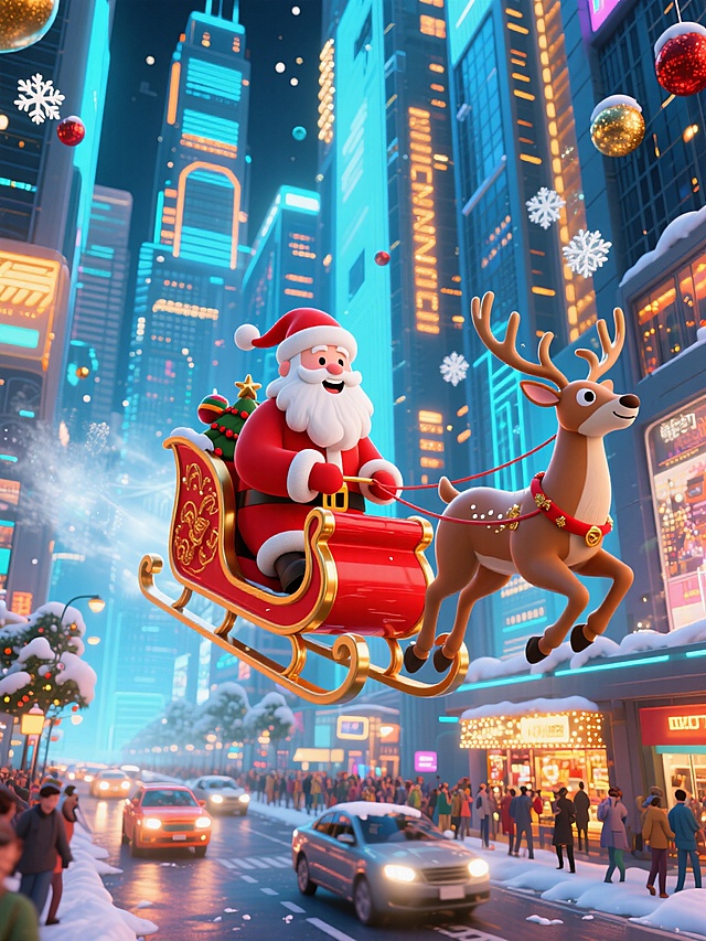 软3D风格圣诞场景，卡通感十足的圣诞老人驾着雪橇飞越霓虹闪烁的未来都市，融合梦幻粒子与虚拟现实元素，营造喜庆而奇幻的节日氛围。