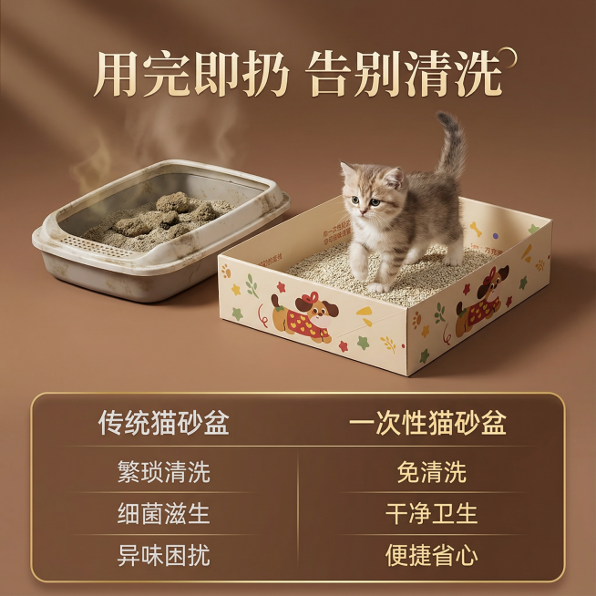 这张图片是产品主体这款产品是一次性猫砂盆 产品主体颜色不改变 我需要设计20张主图在拼多多上面售卖   主图场景布局设计用小猫等 等背景元素 整体色调暖色，可爱 显得高级一些  主图文案内容 月刨猫砂预览效果