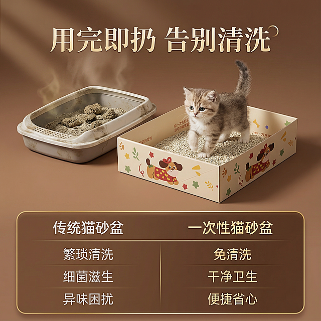 这张图片是产品主体这款产品是一次性猫砂盆 产品主体颜色不改变 我需要设计20张主图在拼多多上面售卖   主图场景布局设计用小猫等 等背景元素 整体色调暖色，可爱 显得高级一些  主图文案内容 月刨猫砂盆 折叠设计 大容量 携带方便 拆装简单 用完即扔  干净卫生  放心使用 双层防水 不怕漏尿  出游方便 月月换新 不用清洗 加大加硬 铲屎无忧 时尚简约 过节回家 长途旅行 无需清洗 出游寄养