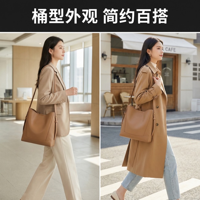 [主图 4] 展示桶型外观百搭卖点，麦棕色真皮单肩水桶包
[氛围风格] 多场景展示，简约时尚
[画面元素] 商业摄影质感、光线柔和通透、产品清晰真实、画面干净高级。画中画拼图构图，左图展示包包日常通勤预览效果