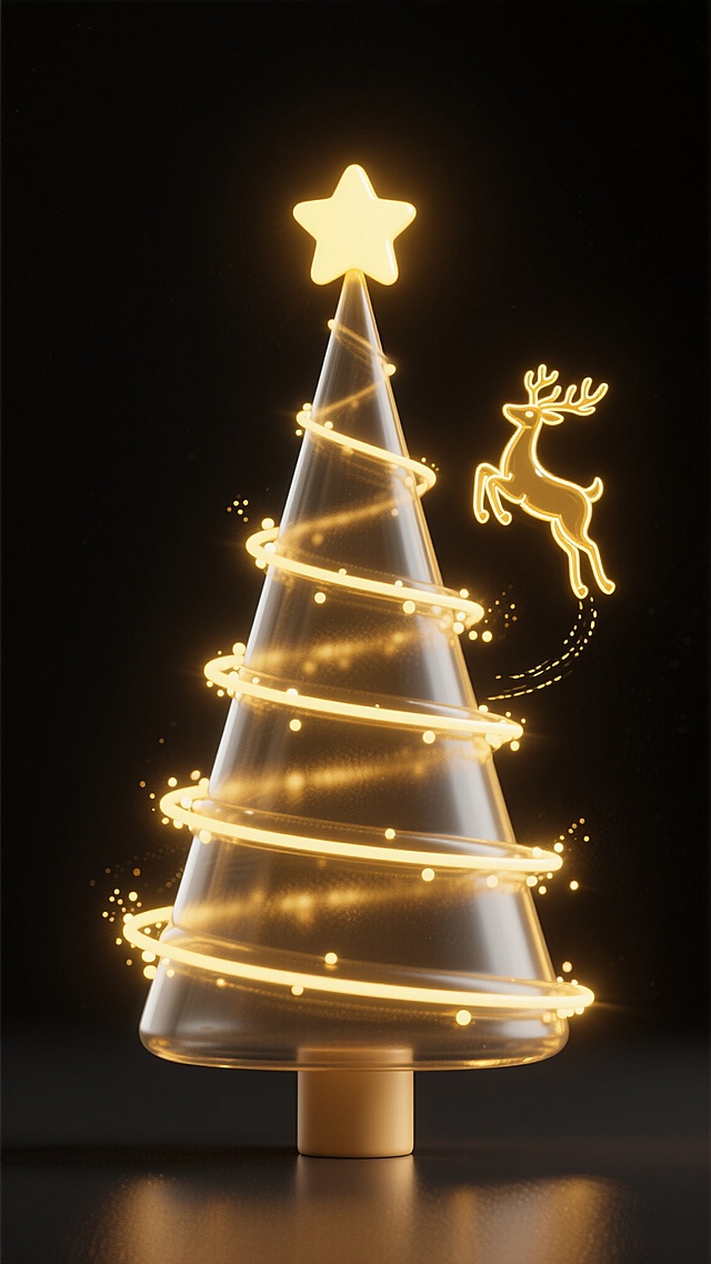 玻璃风圣诞树搭配鎏金霓虹鹿，3D光影交织，梦幻奢华中透出温馨优雅，节日氛围唯美动人。