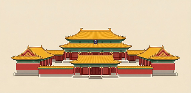 故宫养心殿，严格保持养心殿真实建筑形态，参考图提供的国潮扁平插画风格，浅米黄底色，红墙黄瓦，干净简约单建筑居中构图