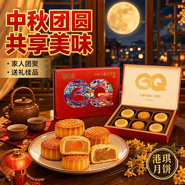 [主图-4] 中秋场景食用图，主题为中秋团圆共享美味，核心任务是营造家庭中秋赏月吃月饼的生活场景，增强代入感。
[统一基调] 拼多多风格，大字直白、喜庆红金主色调、性价比感强；主标题用粗黑体大字，字色为正红色配金色描边，辅助文案用深棕色黑体，强调色为金色；整体国潮喜庆氛围。
[画面] 温馨中式餐桌场景。木质圆桌上摆放着打开的月饼礼盒，旁边有一壶热茶和两个茶杯，一盘切好的月饼（能看到蛋黄莲蓉和椰丝两种口味），还有几枚完整月饼。桌上点缀桂花枝和小灯笼装饰。背景是中式窗棂，窗外一轮金黄圆月高悬，夜色朦胧。整体暖黄色调，营造中秋团圆温馨氛围。产品清晰可见，礼盒和月饼是视觉焦点。
[光影质感] 暖黄室内灯光+月光，温馨柔和，食物有诱人光泽，桌面有自然倒影，整体生活摄影质感，温暖治愈。
[配色] 暖黄主色调，木色桌面，红色礼盒点缀，金色月光，整体温暖喜庆。
[文字版式] 画面左上角主标题粗黑体："中秋团圆 共享美味"，字色正红配金边。下方两行小字："家人团聚"、"送礼佳品"。右下角金色印章式文字："港琪月饼"。
[输出要求] 1:1正方形，2K分辨率，场景温馨自然，产品清晰融入。负向：变形、错字、模糊、杂乱、水印、平台Logo、绝对化用语、人物面部扭曲。