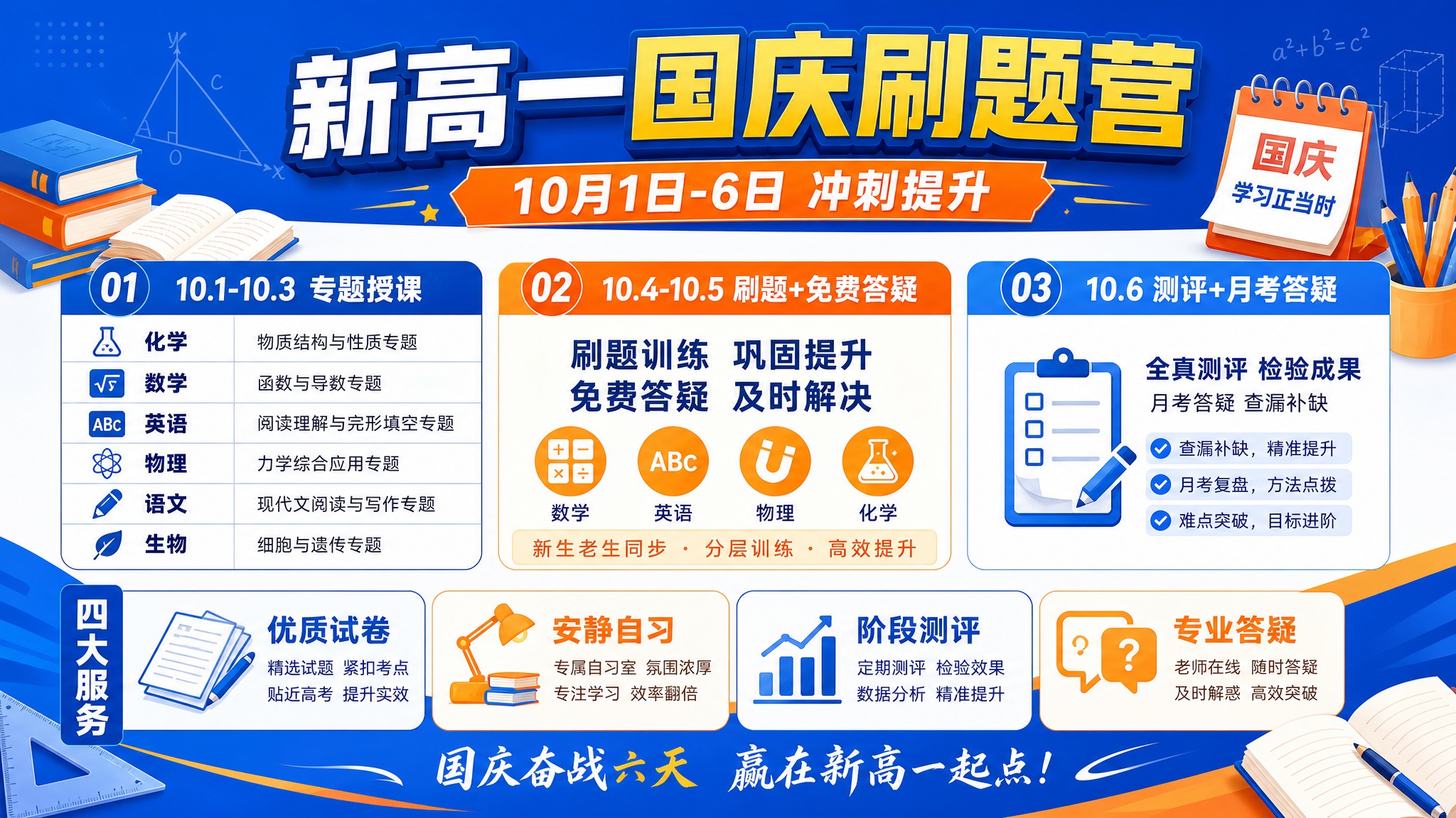 横版教育培训宣传海报，主题为高中国庆刷题集训营，蓝橙活力配色，… - 图片创意预览