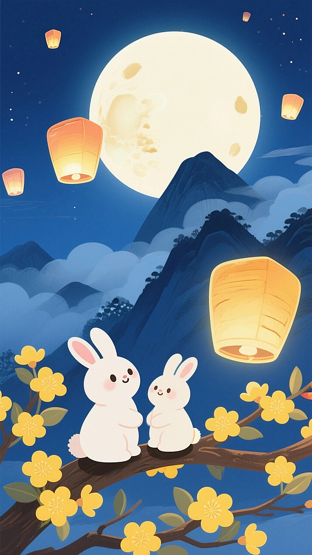 深蓝夜空为背景，一轮明亮的巨大圆月。山间云雾缭绕，有几只发光的孔明灯飘浮。前景是两只小白兔坐在开着黄色花朵的桂树枝桠上