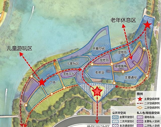 基于这张滨河公园平面图，绘制空间序列景观结构图，清晰表达出主次空间关系、开放空间与私密空间的划分，保留整体平面布局，用不同图示区分空间等级