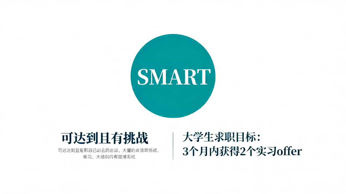 SMART原则PPT页面，页面中央大圆写着"SMART"，本页解释Achievable but challenging可达到且有挑战，配有中文解释和大学生求职的例子，简约现代风格，蓝绿色调，微软雅黑字预览效果