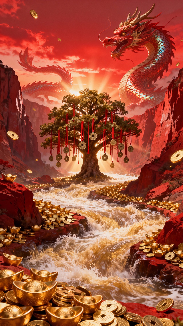 国潮风插画，鎏金龙腾云现，古树挂红绸金币，溪流涌金元宝，光影交织，梦幻喜庆，重拟物与油画质感融合，尽显中式祥瑞。
