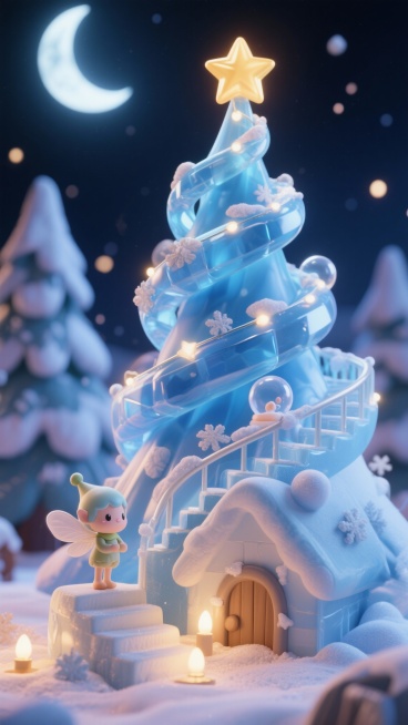 一棵从冰雪童话里长出来的圣诞树： 冰蓝水晶拧成螺旋的枝桠，裹着星子似的光往夜空里钻，顶端的金星星亮得像偷来的月光。螺旋梯上飘着雪花，透明泡泡里蜷着带翅膀的小甜崽，连风掠过都裹着冰棱的清响。脚下软雪埋着预览效果