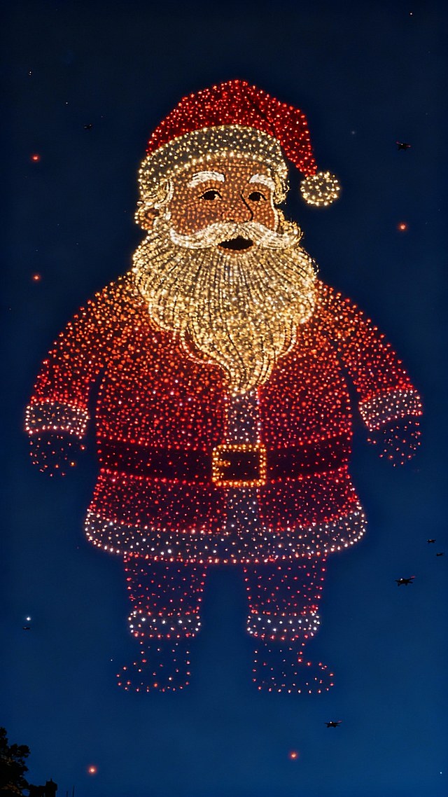 无人机灯光秀，中心区域浮现由无数渐变金红色光点组成的图示人物，形象简洁还原，深夜蓝色天空背景。周围有无人机点缀。