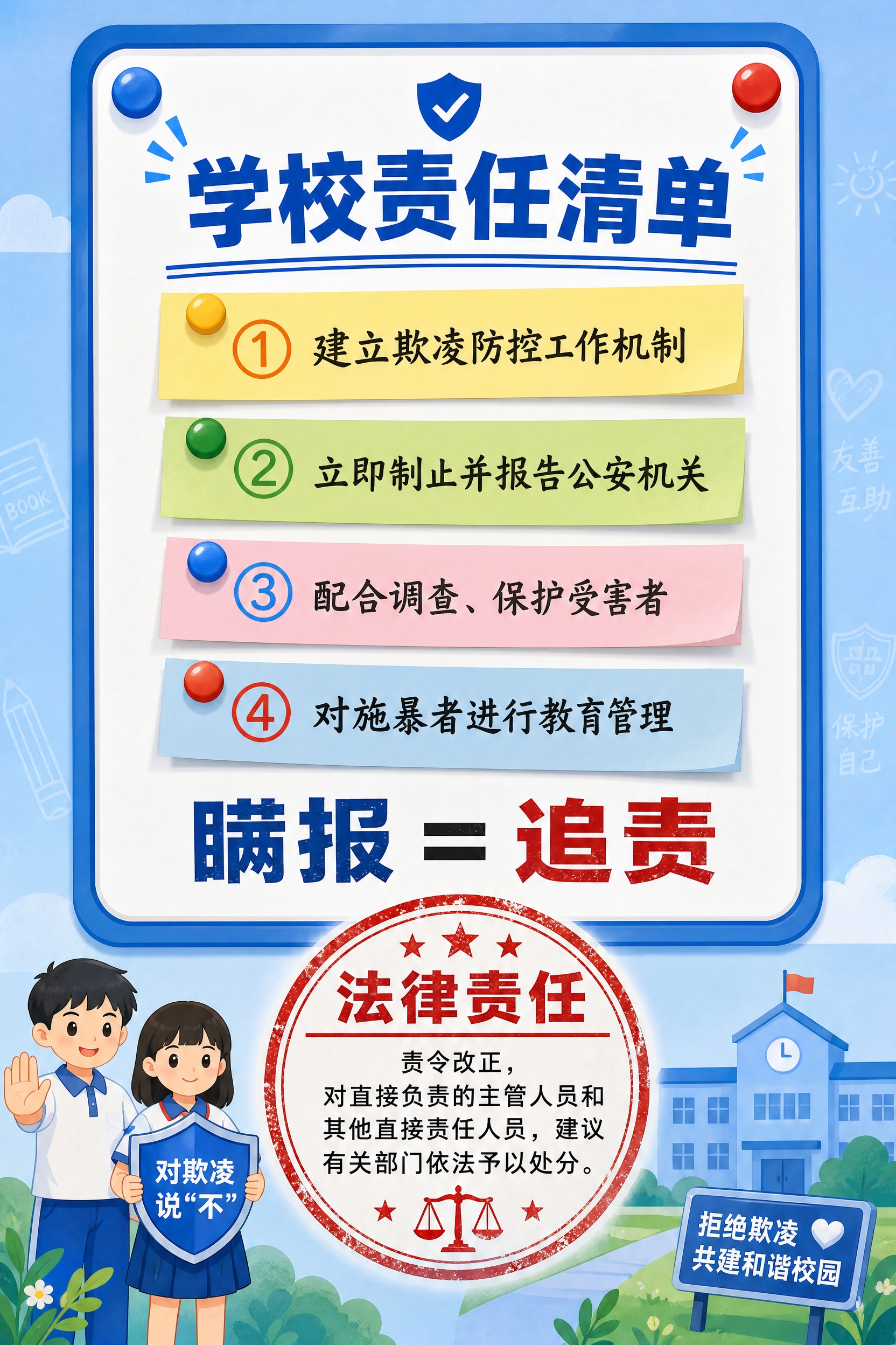 校园反欺凌教育信息图，竖版2比3比例。画面主体是一块白色公告板… - 图片创意预览