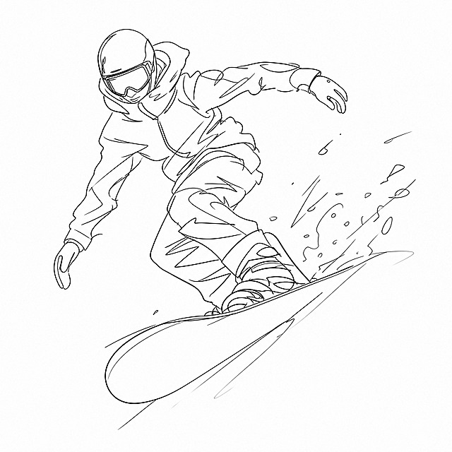 超简约手绘线稿风格年轻男性滑雪者，修长的人物比例，黑白线条画，抽象概括线条，大透视角度，强烈视觉张力，滑雪穿搭，身穿滑雪服，头戴头盔护目镜，脚踩滑雪板，滑雪动态姿势，用简洁流畅的线条概括人物形态，白色背景，纯线稿无填充色，矢量风格，概括细节，手绘感，全身像