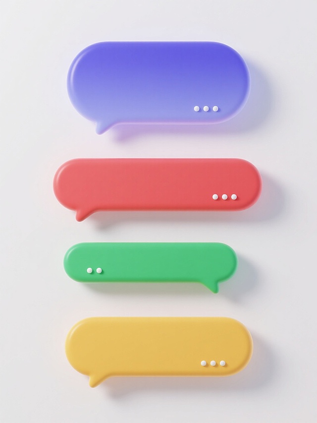 4个规整排布的3D风格对话框素材，分别为渐变蓝紫色调、线条圆润流畅且顶部有对称对话气泡装饰、底部带精致点状排列设计的简约现代款；以及另外三款分别采用纯红色、纯绿色、纯黄色调，同样线条圆润流畅、有对称对话气泡装饰和底部点状排列设计的对话框，纯色背景为白色，整体呈现轻盈通透视觉效果，适配UI界面消息或评论功能图标使用