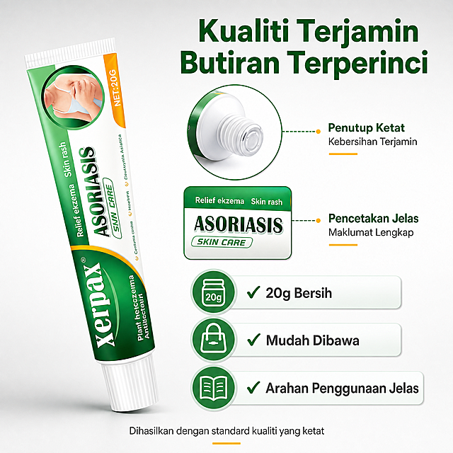 [主图-6] Xerpax Asoriasis Krim Kulit Herba 20g，产品细节与规格图，展示包装细节、容量信息与产品优势。
[统一基调] 马来西亚跨境电商主图，马来语文案，明亮清新风格，品牌主色为深绿+白色+橙黄点缀，主标题用干净无衬线粗体深绿色，辅助文字用深灰色，强调色橙黄色，信息组件用圆角浅绿/白底卡片，整体简洁专业，移动端易读。
[画面] 纯白色到浅灰渐变背景，左侧产品软管45度侧立，占画面约40%。右侧为产品细节放大区：上方一个圆形放大窗，展示管盖螺纹细节与封口设计；中间一个方形放大窗，展示管身印刷文字的清晰度（ASORIASIS字样特写）；下方三个优势图标竖向排列。产品底部有柔和阴影。
[光影质感] 商业产品摄影质感，细节放大窗内图像清晰锐利，产品材质真实，整体干净专业。
[配色] 白到浅灰渐变背景，深绿标题，白色放大窗底，产品本色，橙黄强调色点缀。
[文字版式] 主标题在右上方，大号粗体深绿色马来文："Kualiti Terjamin  Butiran Terperinci"。放大窗旁标注引线文字："Penutup Ketat  Kebersihan Terjamin"、"Pencetakan Jelas  Maklumat Lengkap"。下方三个优势图标配文字："✓ 20g Bersih"、"✓ Mudah Dibawa"、"✓ Arahan Penggunaan Jelas"。底部小字："Dihasilkan dengan standard kualiti yang ketat"。所有文字马来语，横排，清晰可读。
[输出要求] 比例1:1，2048x2048，产品清晰，细节放大准确，文字锐利。负向：中文、产品变形、错字、模糊、水印、边框、人物。