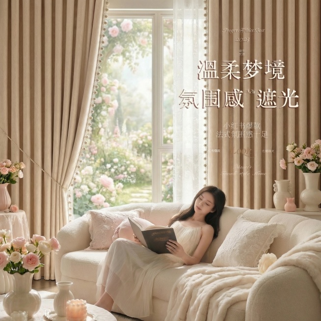 不改变窗帘的面料材质，切换不同的家装场景（最好是梦幻少女奶油风），改变角度，保留文字，一次生成3张；预览效果