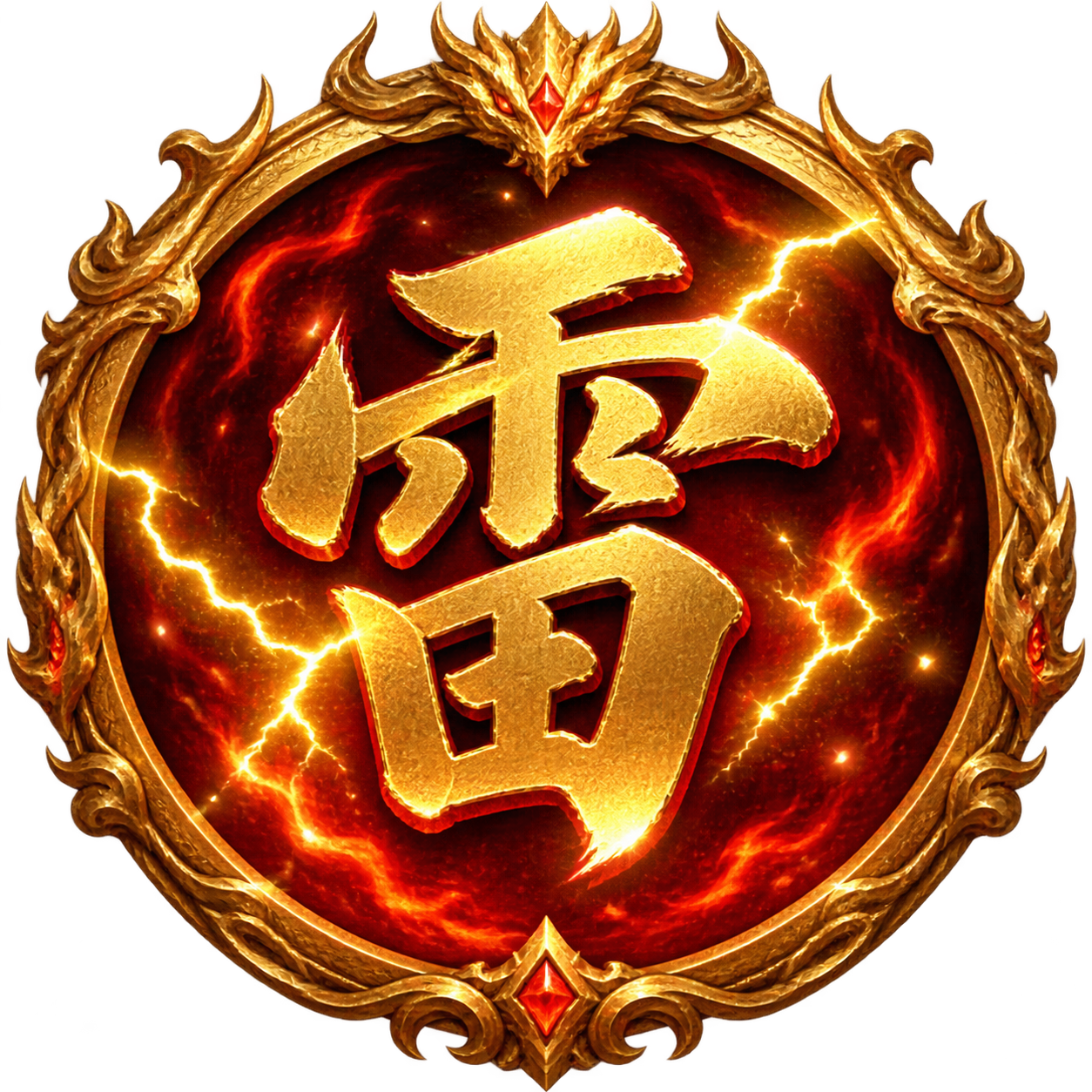 传奇游戏风格的圆形徽章图标，中心是一个巨大的"雷"字，采用金色… - 图片创意预览