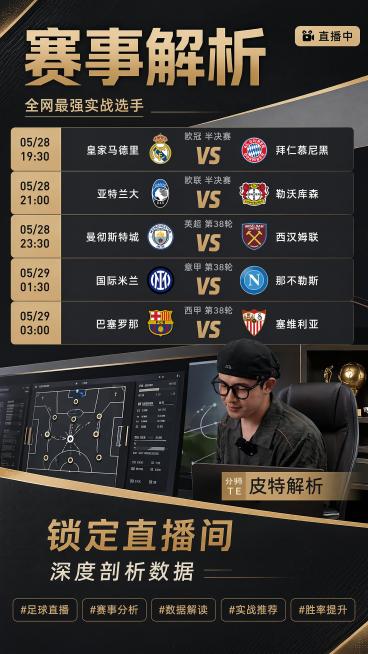 这是一张足球赛事分析直播海报，参考参考图版式，复刻参考图的分栏排版结构。主标题"赛事解析"大字放在顶部，副标题放在主标题下方，分区域列出多场比赛对阵，右下角展示分析师直播画面，底部放置文字"锁定直播间预览效果