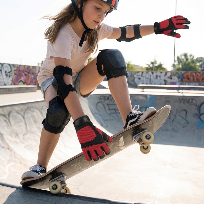 保持手套细节不变，分清正反面，一个外国小女孩穿着这双手套在滑滑板预览效果