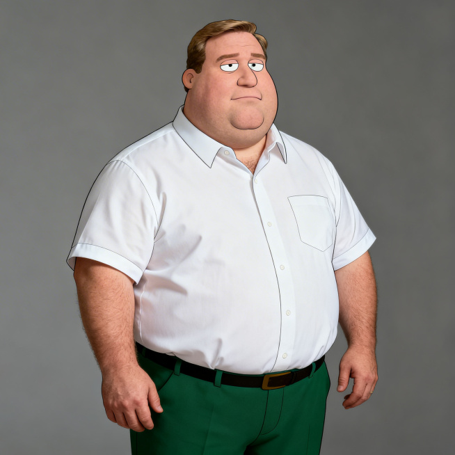 恶搞之家的peter Griffin，真人写实风格，中年白人男性，体型肥胖，穿着白色衬衫和绿色裤子，还原动画角色特征，真实人物照片质感，清晰自然预览效果